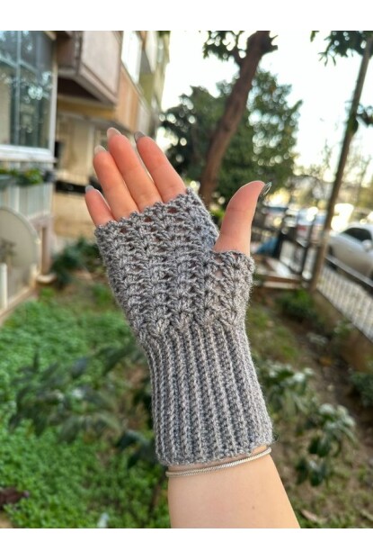 2D2B Kadın El Örmesi Motifli Parmaksız Yarım Kesik Eldiven