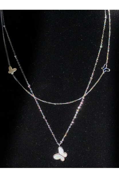 NATURE Çelik Çift Zincirli Sedefli 45cm Gümüş Renk Kelebek Kolye