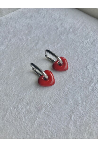 NATURE Çelik Gümüş Renk Kırmızı Taş Kalpli  Oval Halka  Küpe