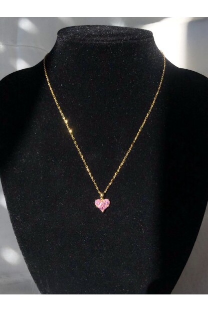 NATURE Çelik Pembe Zirkon Taş  45 cm Gold Renk Kalp Kolye