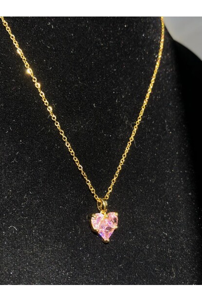 NATURE Çelik Pembe Zirkon Taş  45 cm Gold Renk Kalp Kolye