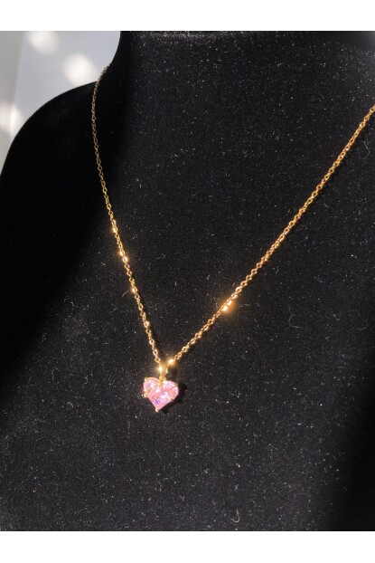 NATURE Çelik Pembe Zirkon Taş  45 cm Gold Renk Kalp Kolye