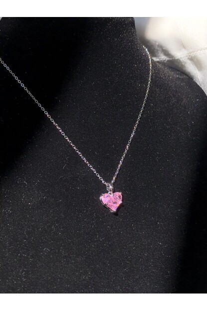 NATURE Çelik Pembe Zirkon Taş  45 cm Gümüş Renk Kalp Kolye