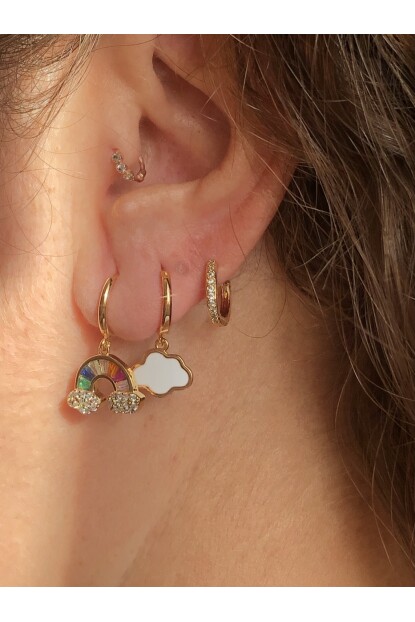 NATURE Çelik Renkli Taşlı 3 Lü Kombin Gold Gökkuşağı Halka Küpe 