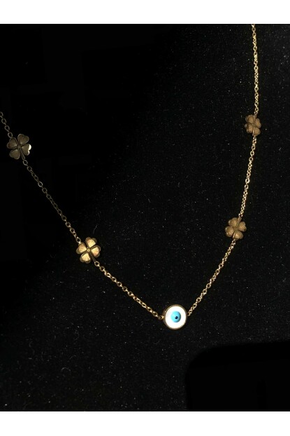 NATURE Çelik Yonca Zincirli Sedefli Nazar Boncuklu 45 cm Gold Renk Kolye