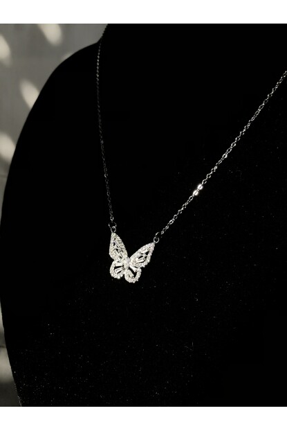 NATURE Çelik Zirkon Taş 45 cm Gümüş Renk Kelebek Kolye