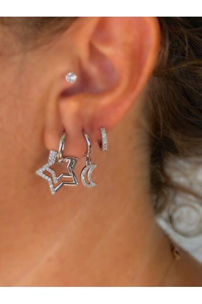 NATURE Çelik Zirkon Taşlı 3lü Ay Yıldız Gümüş Renk Kombin Halka Küpe