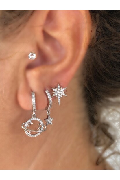 NATURE Çelik Zirkon Taşlı 3lü Gezegen Gümüş Renk Kombin Halka Küpe