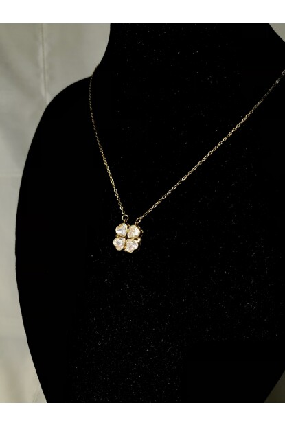 NATURE Çelik Zirkon Taşlı Dönüşebilir Yonca  Gold Renk Kolye