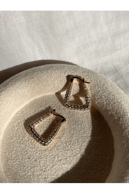 NATURE Çelik Zirkon Taşlı Gold Renk Köşeli Küpe