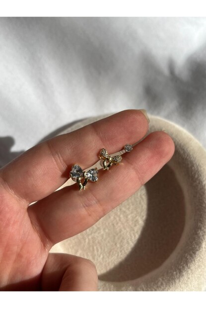 NATURE Çelik Zirkon Taşlı Kurdele Küpe Seti