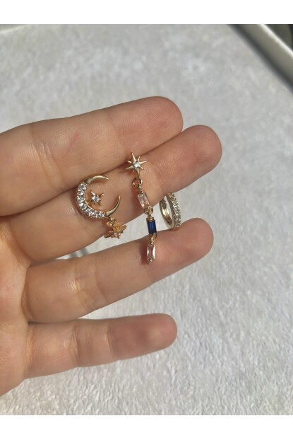 NATURE Çelik Zirkon Taşlı Kuzey Yıldızlı 3lü Gold Renk Kombin Halka Küpe