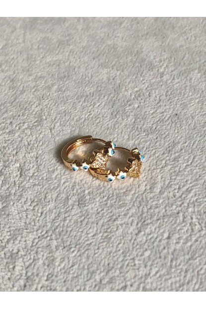 NATURE Çelik  Zirkon Taşlı Nazar Boncuklu Küçük Yonca Halka  Küpe 