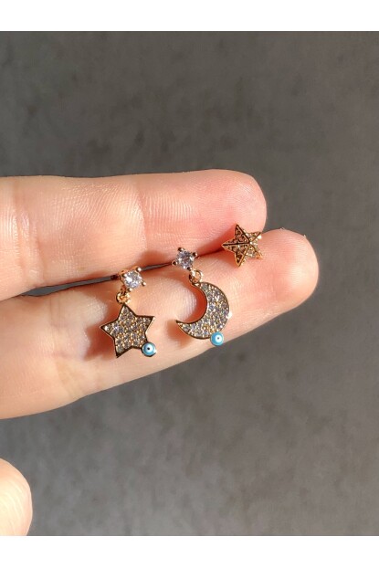 NATURE Çelik  Zirkon Taşlı Sallantılı 3 Lü Kombin Ay Yıldızlı Çivili Küpe 