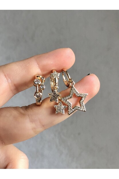 NATURE Çelik  Zirkon Taşlı Sallantılı 3 Lü Kombin Gold Yıldız Halka Küpe 