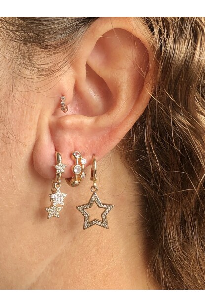 NATURE Çelik  Zirkon Taşlı Sallantılı 3 Lü Kombin Gold Yıldız Halka Küpe 