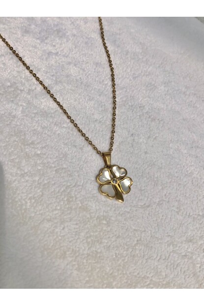 NATURE Çelik Zirkon Taşlı Sedef Yonca 48 cm Rose Gold Renk Kolye