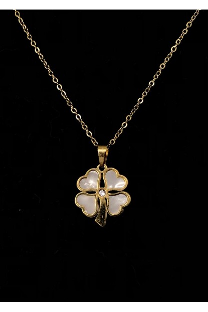 NATURE Çelik Zirkon Taşlı Sedef Yonca 48 cm Rose Gold Renk Kolye