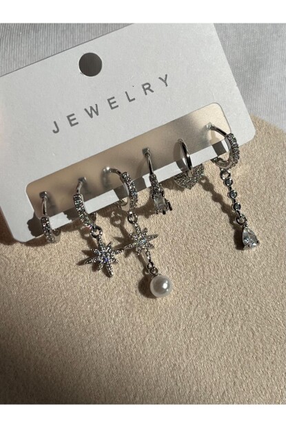 NATURE Çelik Zirkon Taşlı Şık İncili Küpe Seti