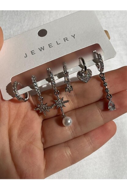 NATURE Çelik Zirkon Taşlı Şık İncili Küpe Seti