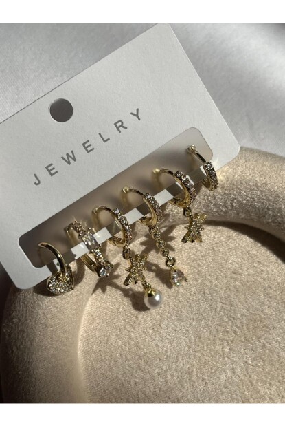 NATURE Çelik Zirkon Taşlı Şık İncili Küpe Seti