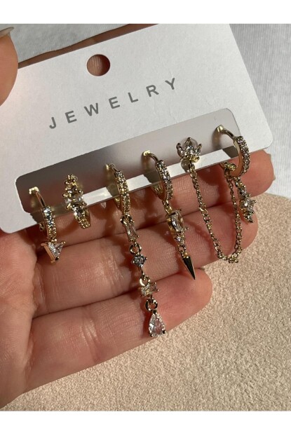 NATURE Çelik Zirkon Taşlı Şık Zincirli Küpe Seti