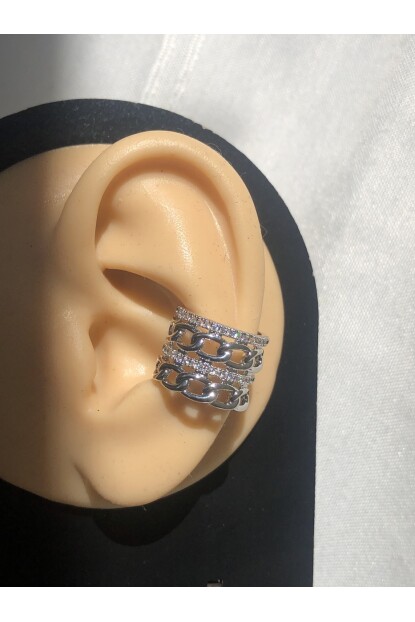NATURE Çelik  Zirkon Taşlı Zincirli Sıkıştırma Earcuff Gümüş Renk Küpe