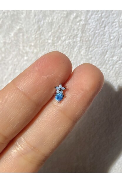 NATURE Cerrahi Çelik Mavi Zirkon Taşlı Çiçekli Gümüş Renk 1cm Piercing