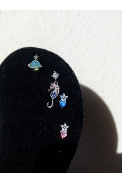 NATURE Cerrahi Çelik Pembe  Zirkon Taşlı Çiçekli Gümüş Renk 1cm Piercing