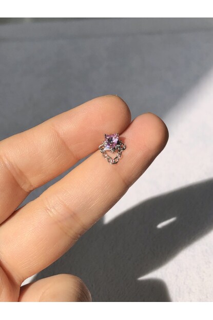 NATURE Cerrahi Çelik Sallantılı Zirkon Pembe Taşlı Kalp Gümüş renk 1cm çap Piercing