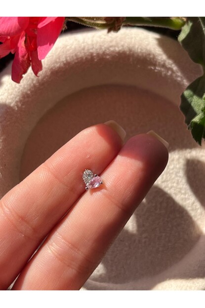 NATURE Cerrahi Çelik Zirkon Pembe Taşlı Arkası Düz Kalp Piercing,Tragus, Helix, Kıkırdak.