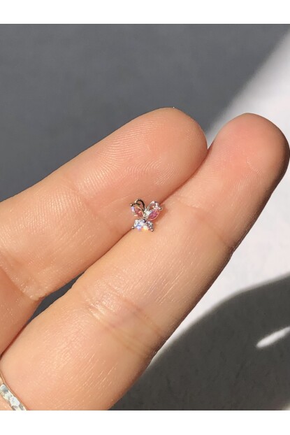 NATURE Cerrahi Çelik  Zirkon Renkli Taşlı Küçük Kelebek  Gümüş renk 1cm  Piercing