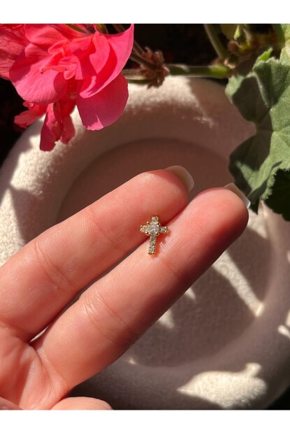 NATURE Cerrahi Çelik Zirkon Taşlı Arkası Düz Haç Piercing,Tragus, Helix, Kıkırdak.