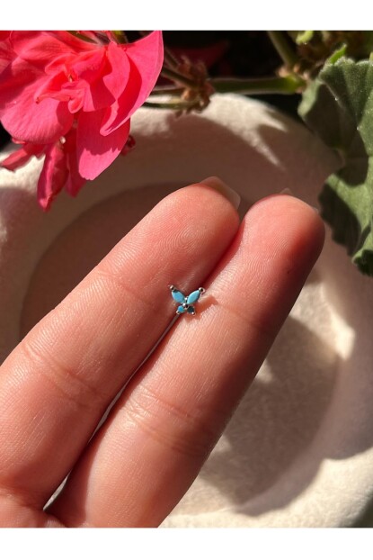 NATURE Cerrahi Çelik Zirkon Taşlı Arkası Toplu Mavi Kelebek Piercing,Tragus, Helix, Kıkırdak.