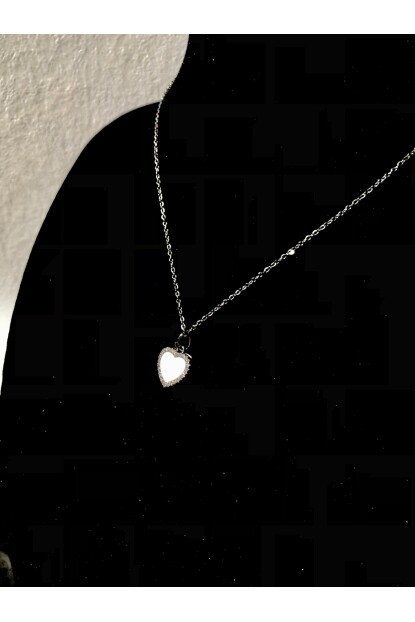 NATURE Cerrahi Çelik Zirkon Taşlı Çift Taraflı 46 cm Gümüş Renk Sedefli Kalp Kolye 