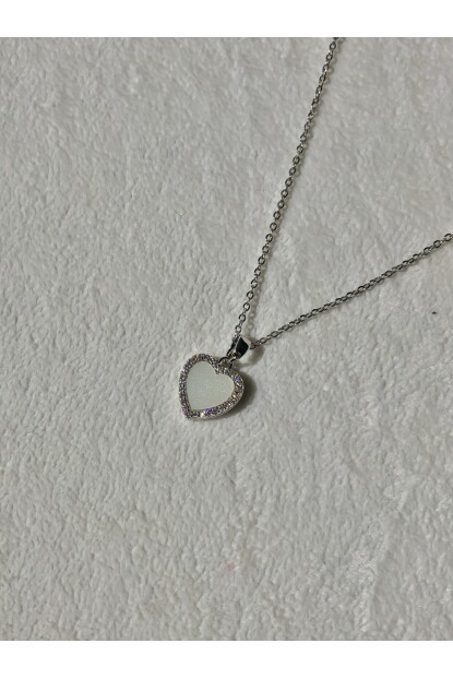 NATURE Cerrahi Çelik Zirkon Taşlı Çift Taraflı 46 cm Gümüş Renk Sedefli Kalp Kolye 