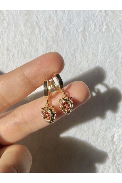 NATURE Cerrahi Çelik  Zirkon Taşlı  Gold Renk Çilek Halka Küpe