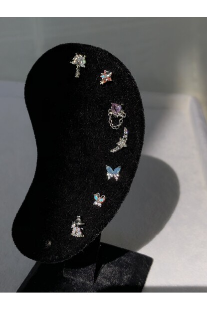 NATURE Cerrahi Çelik Zirkon Taşlı Hilal Yıldız Gümüş renk 1cm çap Piercing