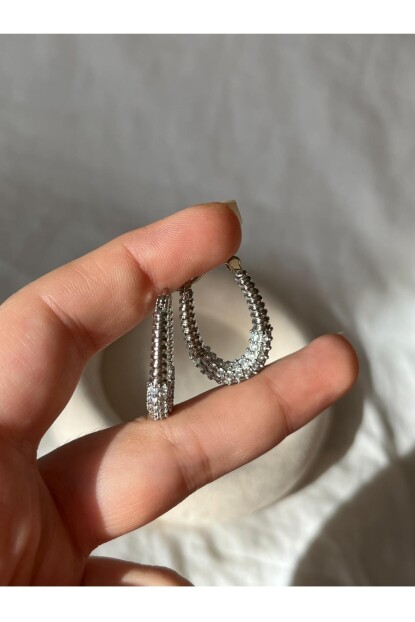 NATURE Cerrahi Çelik Zirkon Taşlı Oval Halka  Küpe