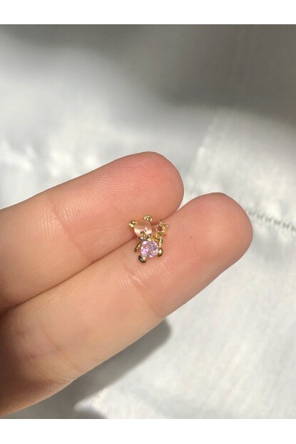 NATURE Cerrahi Çelik  Zirkon Taşlı Pembe Ayıcık Gold renk 1cm çap Piercing