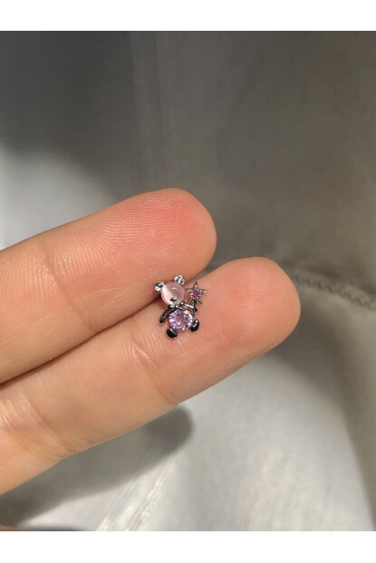 NATURE Cerrahi Çelik  Zirkon Taşlı Pembe Ayıcık Gümüş renk 1cm çap Piercing