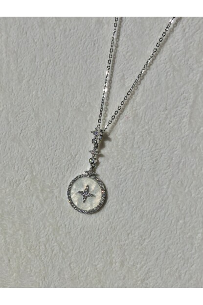 NATURE Cerrahi Çelik Zirkon Taşlı Sallantılı 46 cm Gümüş Renk Sedefli Yıldız Kolye 