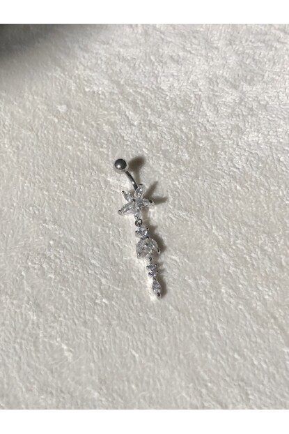 NATURE Cerrahi Çelik Zirkon Taşlı Sallantılı Çiçek Gümüş Göbek Piercing