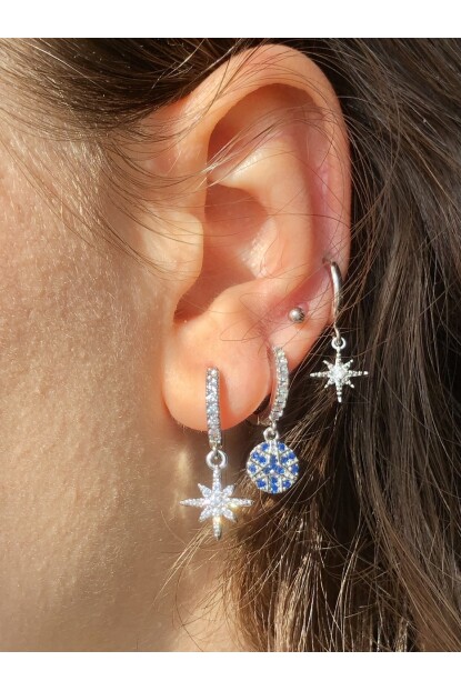 NATURE Mavi Taşlı  Kuzey Yıldızı  3 Lü Gümüş Renk Halka Küpe