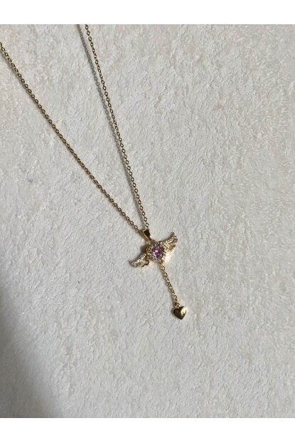 NATURE Pembe Zirkon Taşlı Kanatlı Kalp Kolye