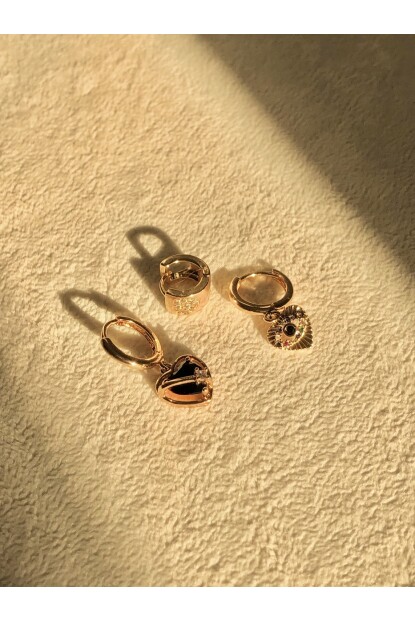 NATURE Siyah Taşlı Gold  Renk 3 Lü Kalp Küpe