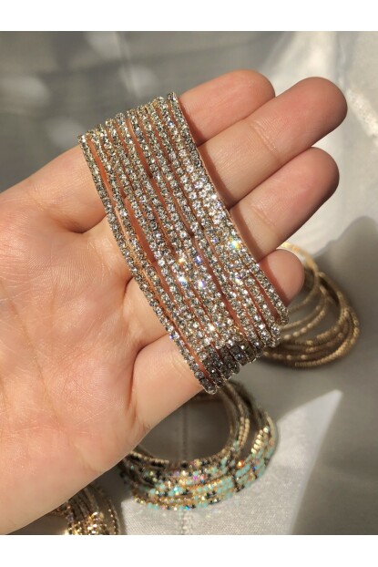 NATURE Tam Tur Zirkon Beyaz Taşlı Esnek Gold Renk Su Yolu Bileklik