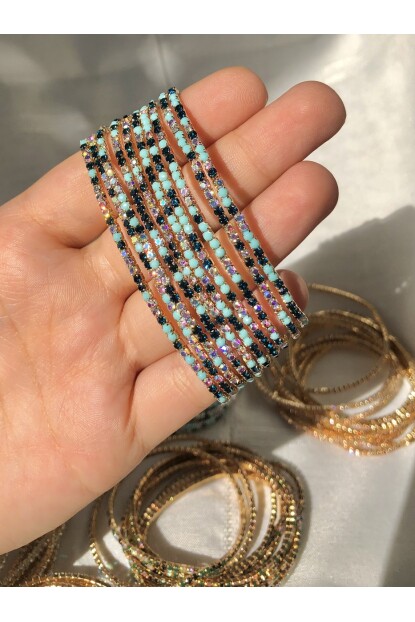 NATURE Tam Tur Zirkon Turkuaz Taşlı Esnek Gold Renk Su Yolu Bileklik