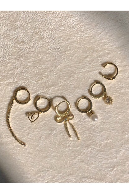 NATURE Taşlı Fiyonk 6 Lı Gold Renk Halka Küpe Seti