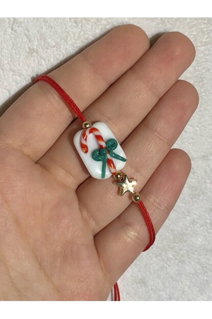 NATURE Yılbaşı Temalı Baston Şeker Figürlü Murano Boncuk İp  Bileklik